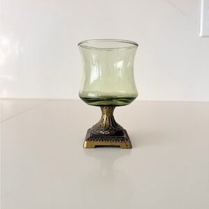 Vintage Green Glass Pedestal Goblet with Ornate Brass Base